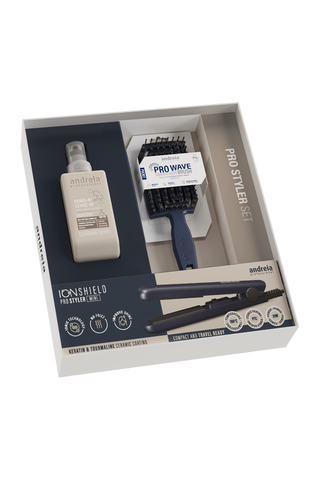 Coffret Pro Styler Set ouvert : Leave-In, brosse Pro Wave, mini lisseur