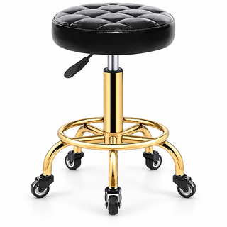 Tabouret à roulettes réglable – Assise capitonnée noire, piètement doré
